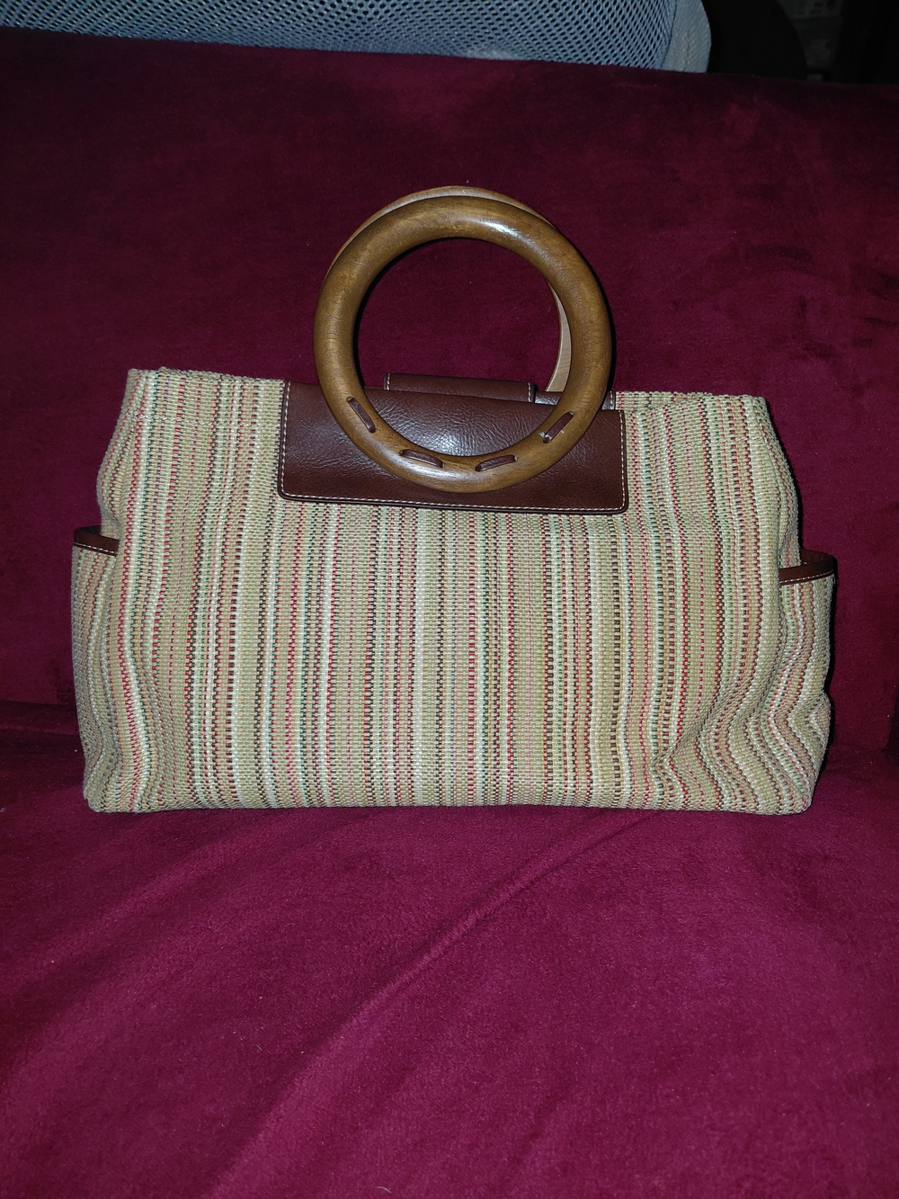 Relic Striped Woven Tote with Wooden Ring Handles - Beige & Brown